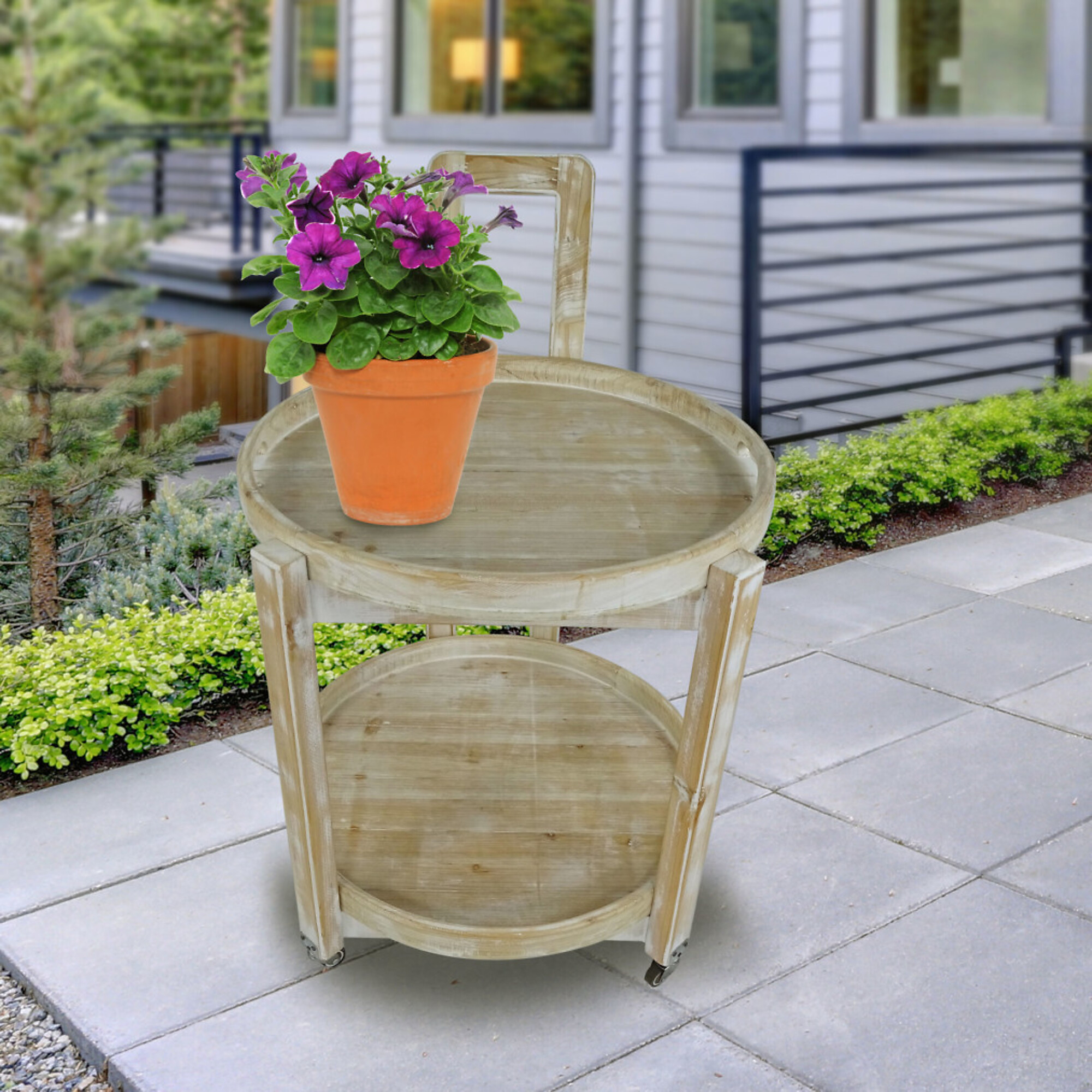 Alpine Corporation, Wooden 2-Tier Round Push Cart Storage with Wheels, Primary Color Wood, Height 31 in, Model# MBB172